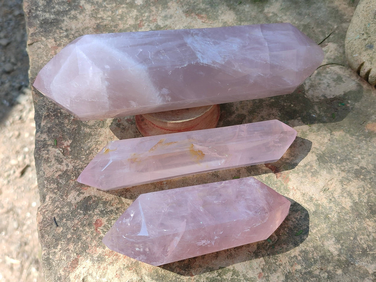 Polished Gemmy Double Terminated Rose Quartz Points x 3 From Madagascar - Toprock Gemstones and Minerals 