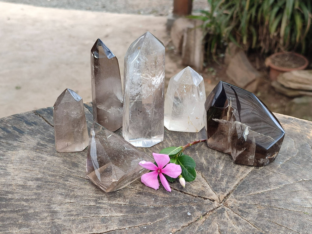 Polished Smokey Window Quartz Points x 6 From Madagascar - Toprock Gemstones and Minerals 