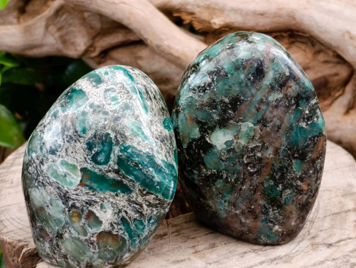 Polished Emerald Mica 'Mutokolite' Standing Free Forms x 3 From Mutoko, Zimbabwe - Toprock Gemstones and Minerals 