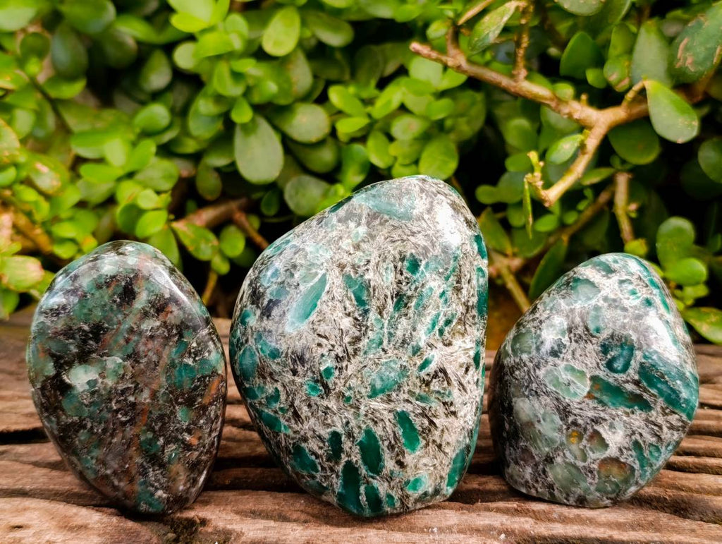 Polished Emerald Mica 'Mutokolite' Standing Free Forms x 3 From Mutoko, Zimbabwe - Toprock Gemstones and Minerals 
