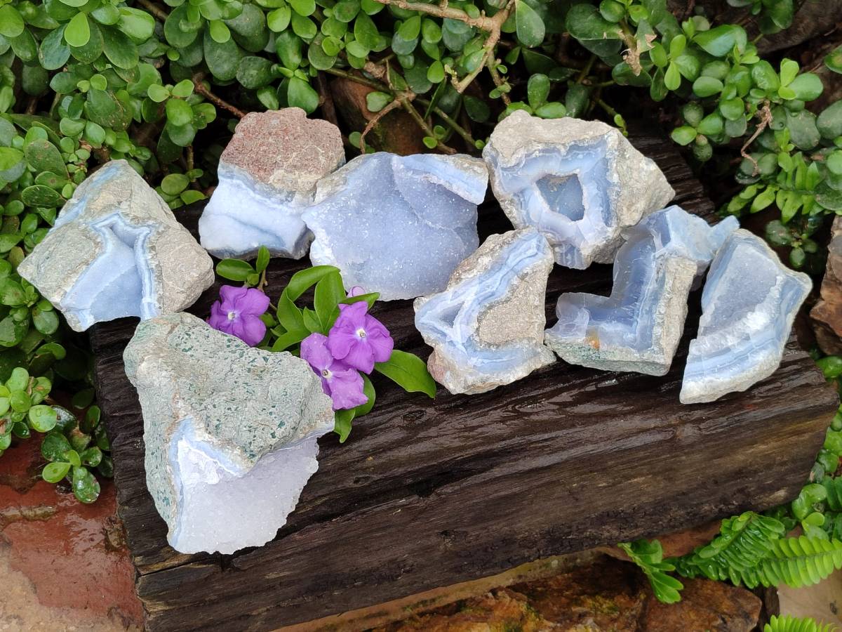 Natural Blue Lace Agate Geode Specimens x 9 From Nsanje, Malawi - Toprock Gemstones and Minerals 