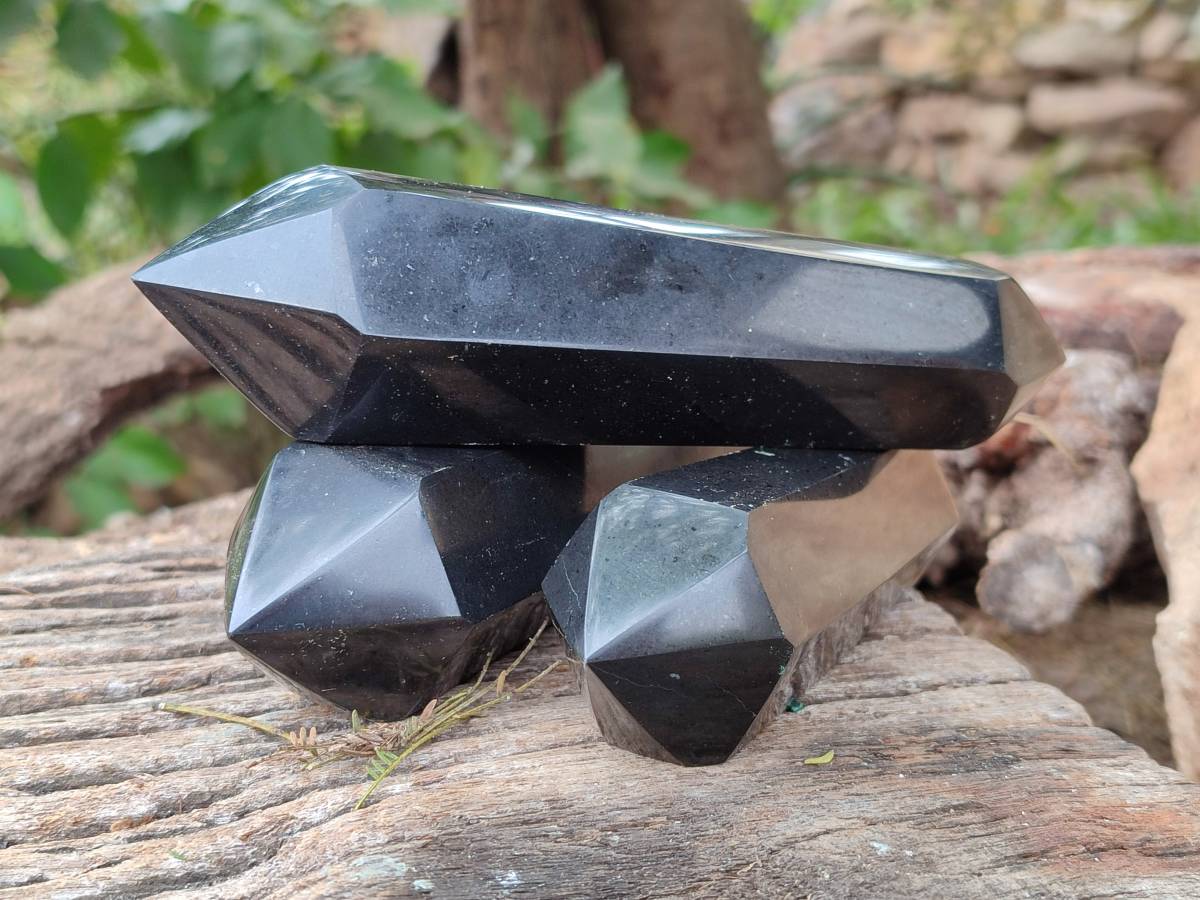 Polished Black Basalt Double Terminated x 3 From Madagascar - Toprock Gemstones and Minerals 