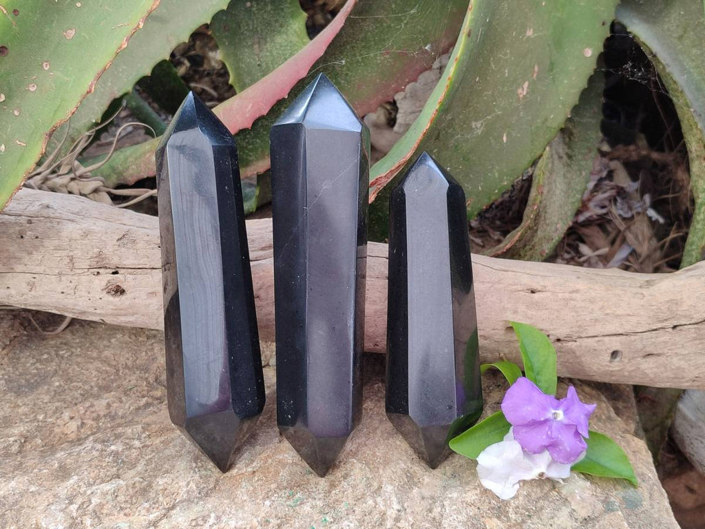 Polished Black Basalt Double Terminated x 3 From Madagascar - Toprock Gemstones and Minerals 