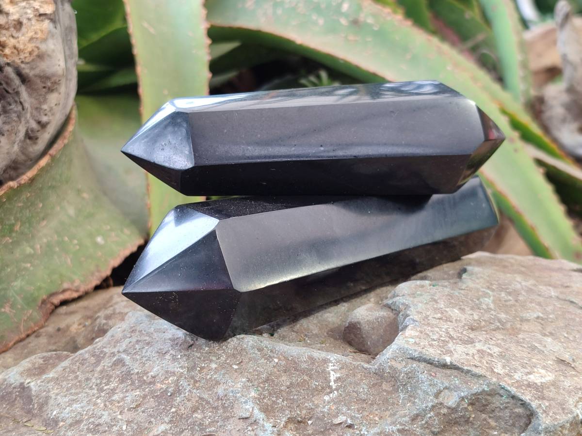 Polished Black Basalt Double Terminated x 3 From Madagascar - Toprock Gemstones and Minerals 