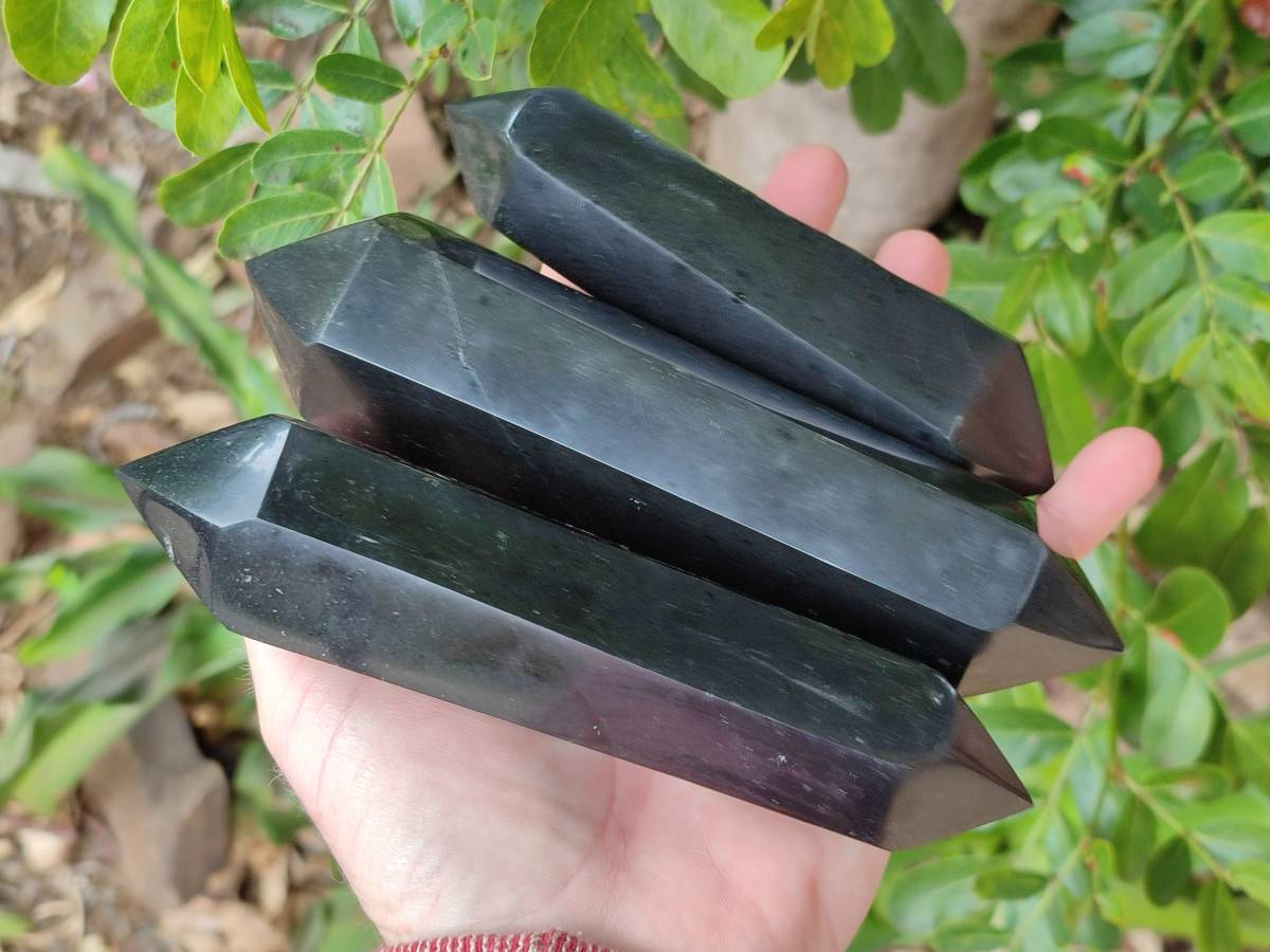 Polished Black Basalt Double Terminated x 3 From Madagascar - Toprock Gemstones and Minerals 