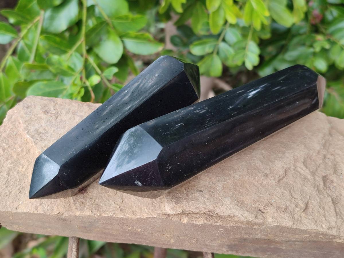 Polished Black Basalt Double Terminated x 3 From Madagascar - Toprock Gemstones and Minerals 