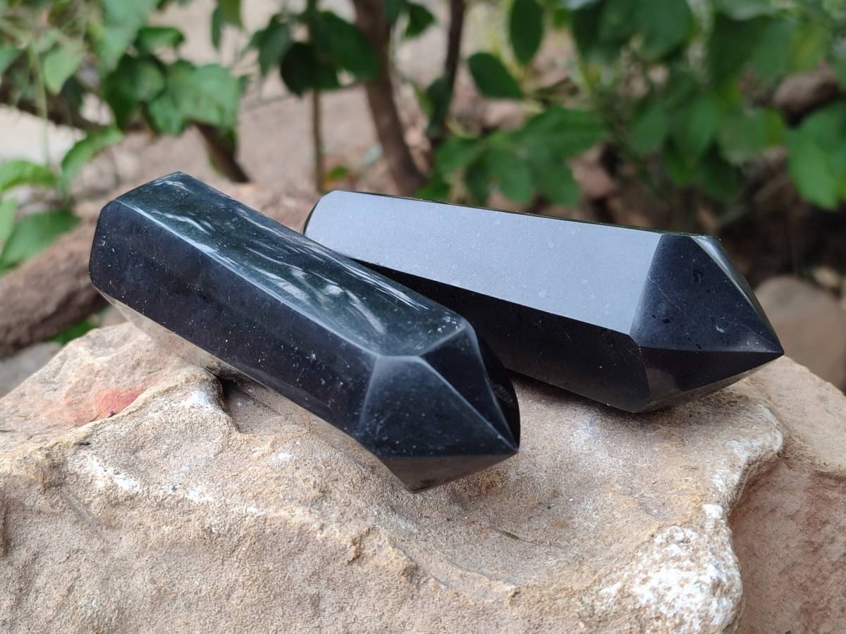 Polished Black Basalt Double Terminated x 3 From Madagascar - Toprock Gemstones and Minerals 