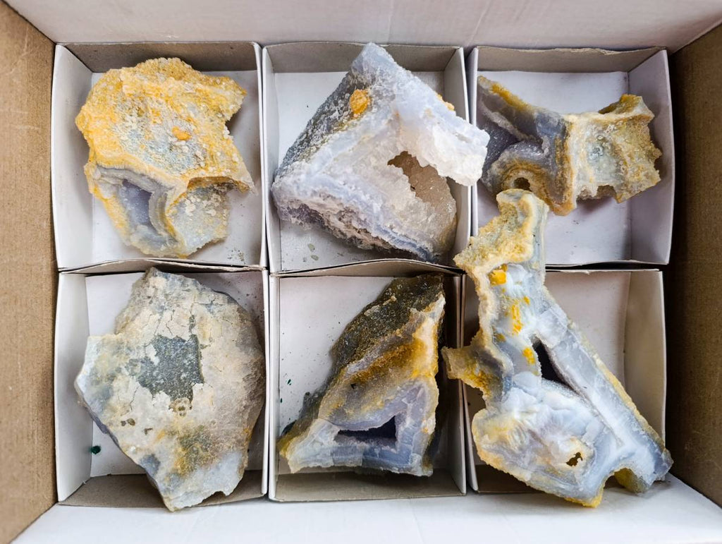 Natural Etched Blue Chalcedony Geodes x 6 From Nsanje, Malawi - Toprock Gemstones and Minerals 