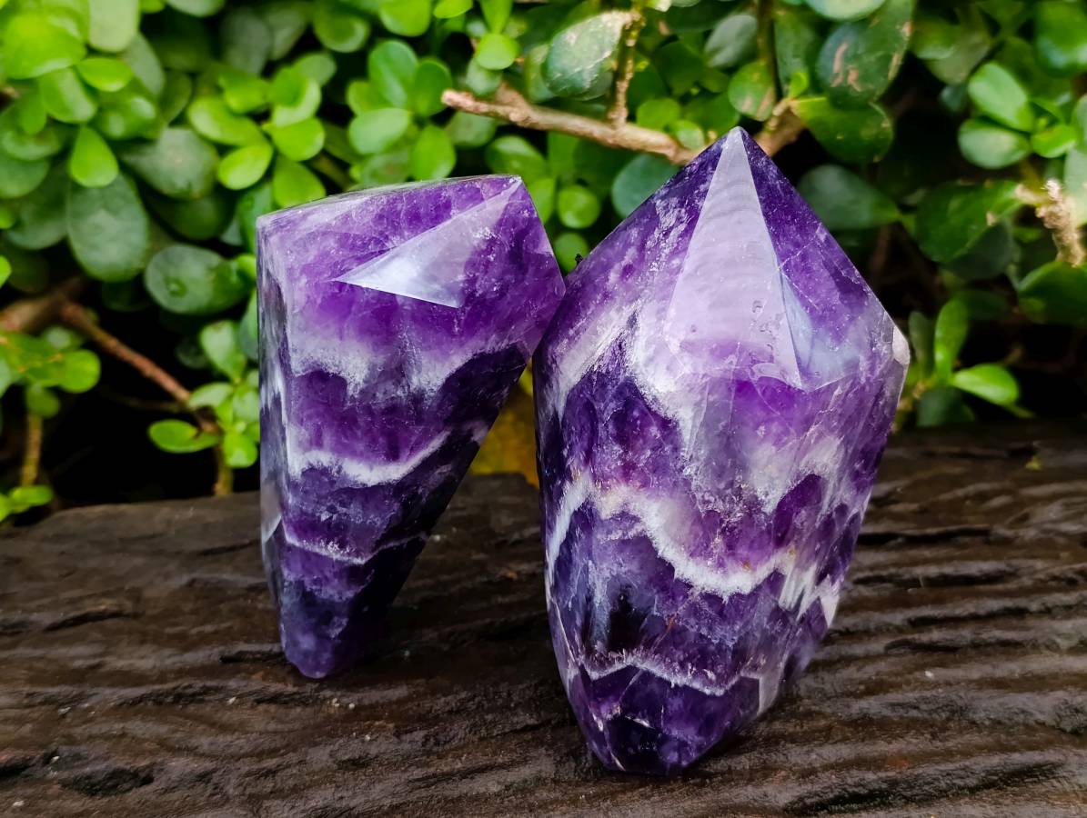 Polished Chevron Amethyst Points x 2 From Zambia - Toprock Gemstones and Minerals 