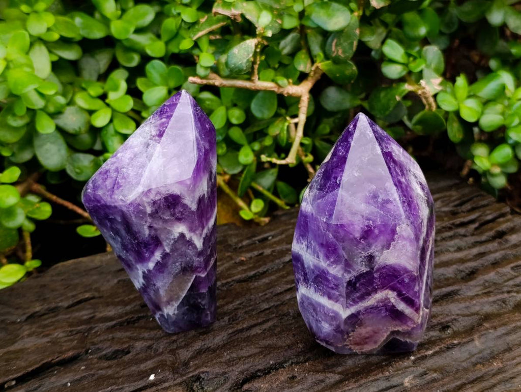 Polished Chevron Amethyst Points x 2 From Zambia - Toprock Gemstones and Minerals 