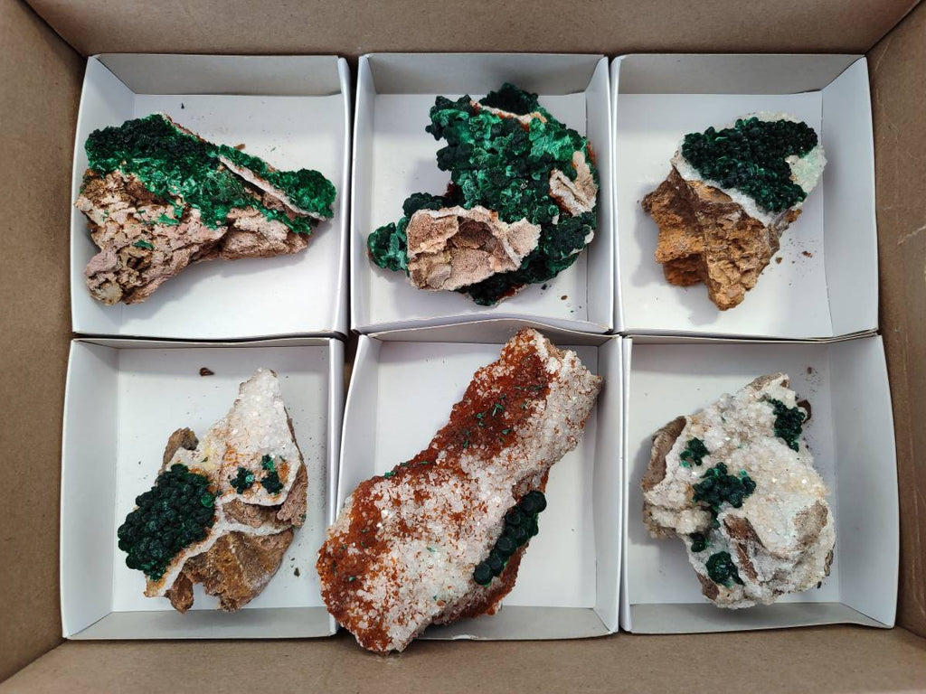 Natural Ball Malachite and Drusy Quartz On Dolomite Matrix Specimens x 6 From Kambove, Congo - Toprock Gemstones and Minerals 