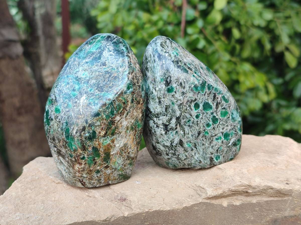 Polished Emerald Mica 'Mutokolite' Standing Free Forms x 3 From Mutoko, Zimbabwe - Toprock Gemstones and Minerals 