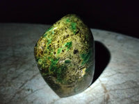 Polished Emerald Mica 'Mutokolite' Standing Free Forms x 3 From Mutoko, Zimbabwe