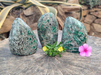 Polished Emerald Mica 'Mutokolite' Standing Free Forms x 3 From Mutoko, Zimbabwe