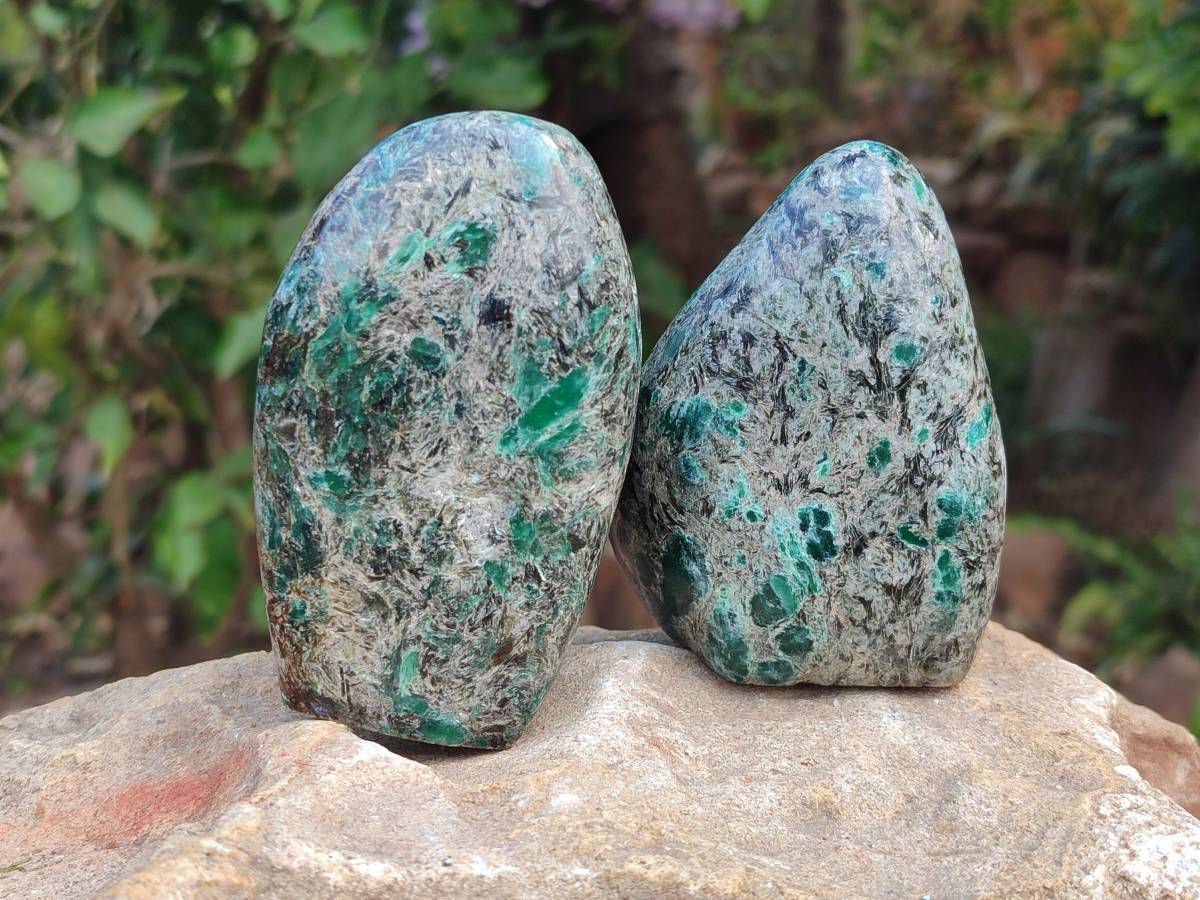 Polished Emerald Mica 'Mutokolite' Standing Free Forms x 3 From Mutoko, Zimbabwe - Toprock Gemstones and Minerals 