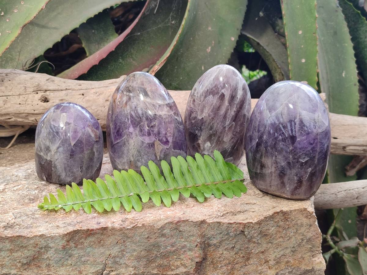 Polished Deep Purple Chevron Amethyst Standing Free Forms x 4 From Ankazobe, Madagascar - Toprock Gemstones and Minerals 