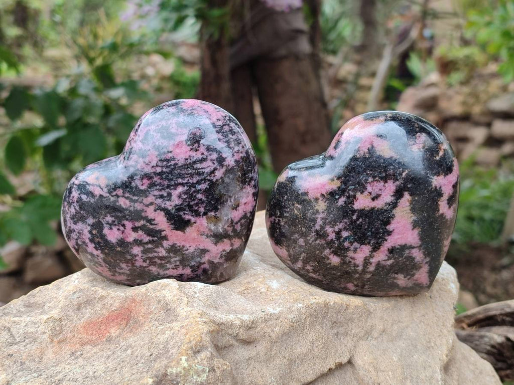 Polished Rhodonite Hearts x 4 From Ambindavato, Madagascar - Toprock Gemstones and Minerals 