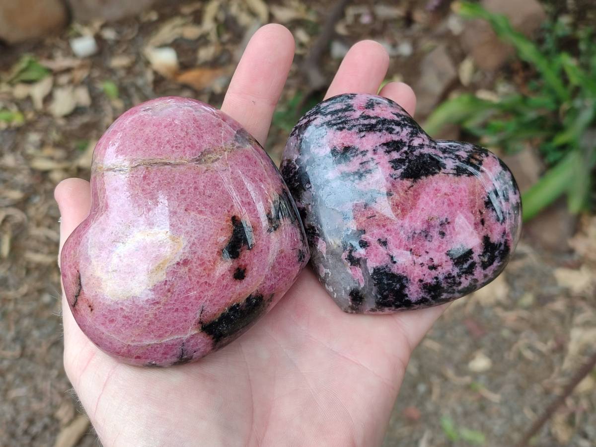 Polished Rhodonite Hearts x 4 From Ambindavato, Madagascar - Toprock Gemstones and Minerals 