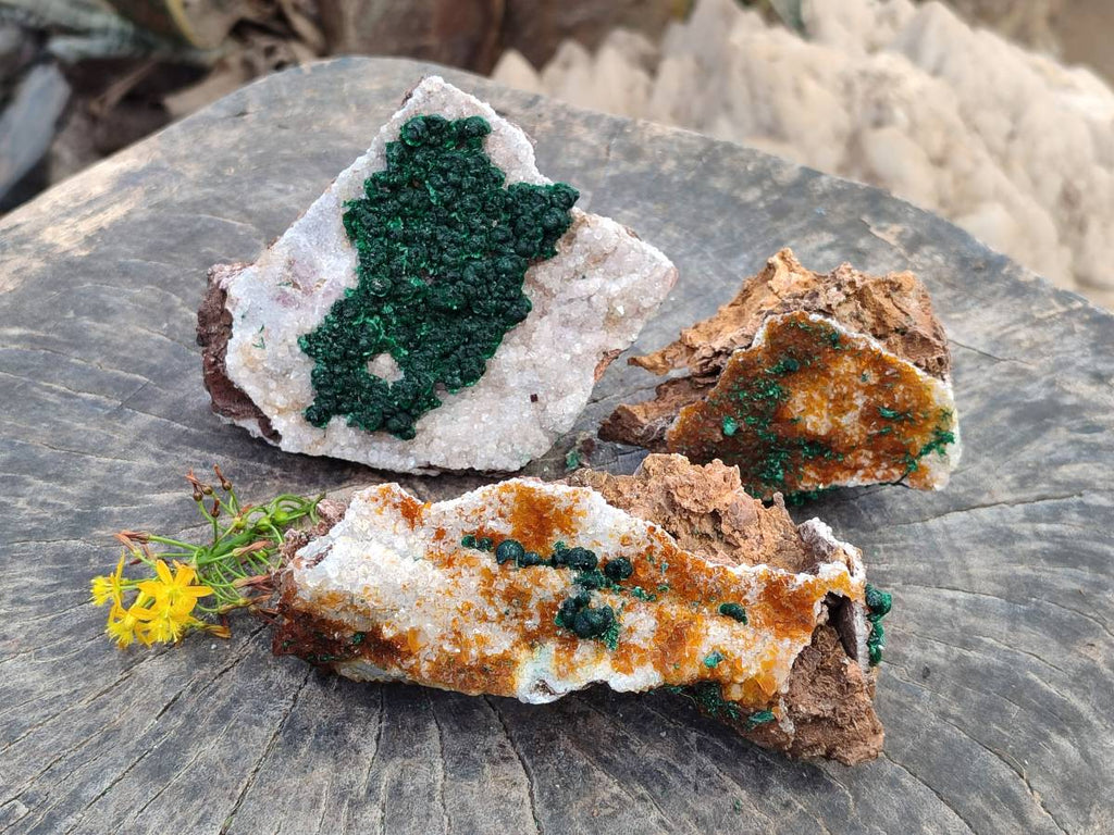 Natural Crystalline Ball Malachite and Drusy Quartz On Dolomite Matrix Specimens x 3 From Kambove, Congo - Toprock Gemstones and Minerals 