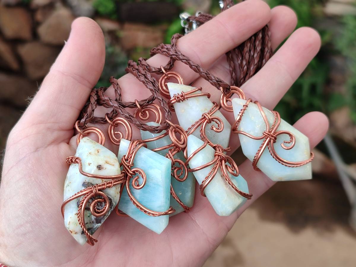 Hand Made Copper Wire Wrapped Blue Smithsonite Jewellery Pendants - Sold Per Item - From Congo - Toprock Gemstones and Minerals 