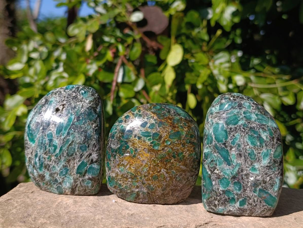 Polished Emerald Mica 'Mutokolite' Standing Free Forms x 3 From Mutoko, Zimbabwe - Toprock Gemstones and Minerals 