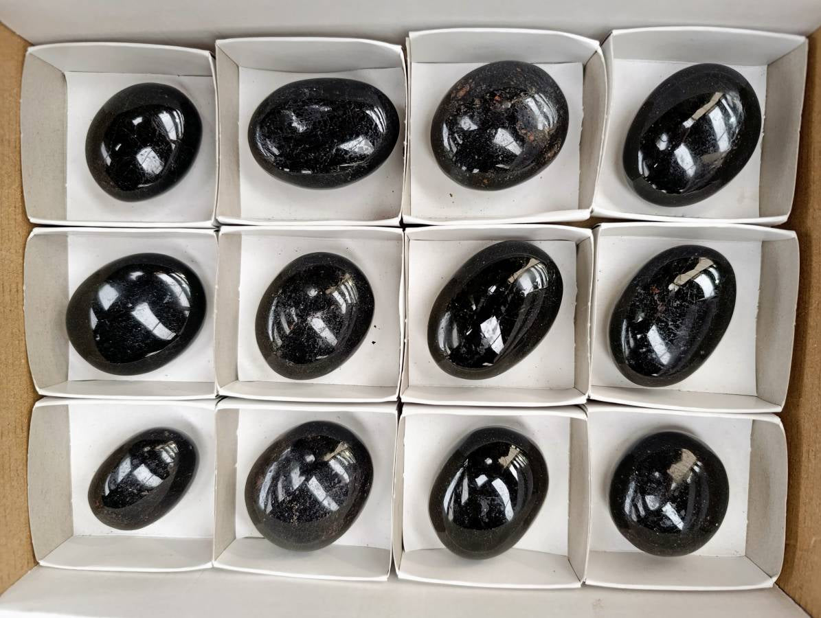 Polished Black Tourmaline Palm Stones x 12 From Madagascar - Toprock Gemstones and Minerals 