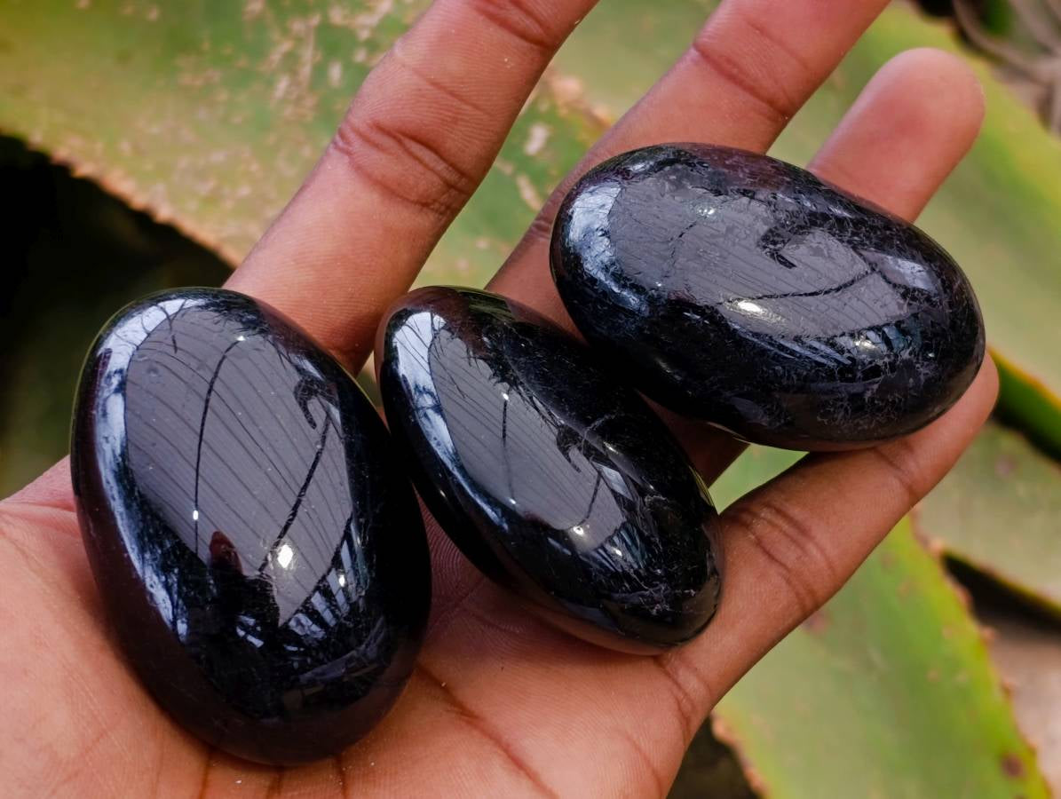 Polished Black Tourmaline Palm Stones x 12 From Madagascar - Toprock Gemstones and Minerals 
