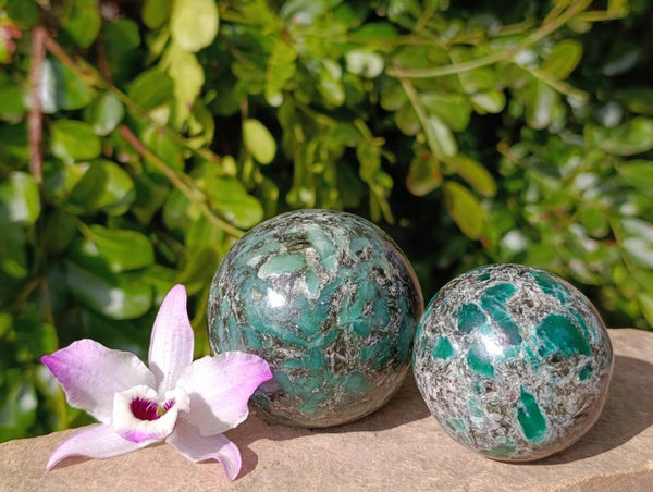 Polished Emerald Mica 'Mutokolite' Spheres x 3 From Mutoko, Zimbabwe - Toprock Gemstones and Minerals 