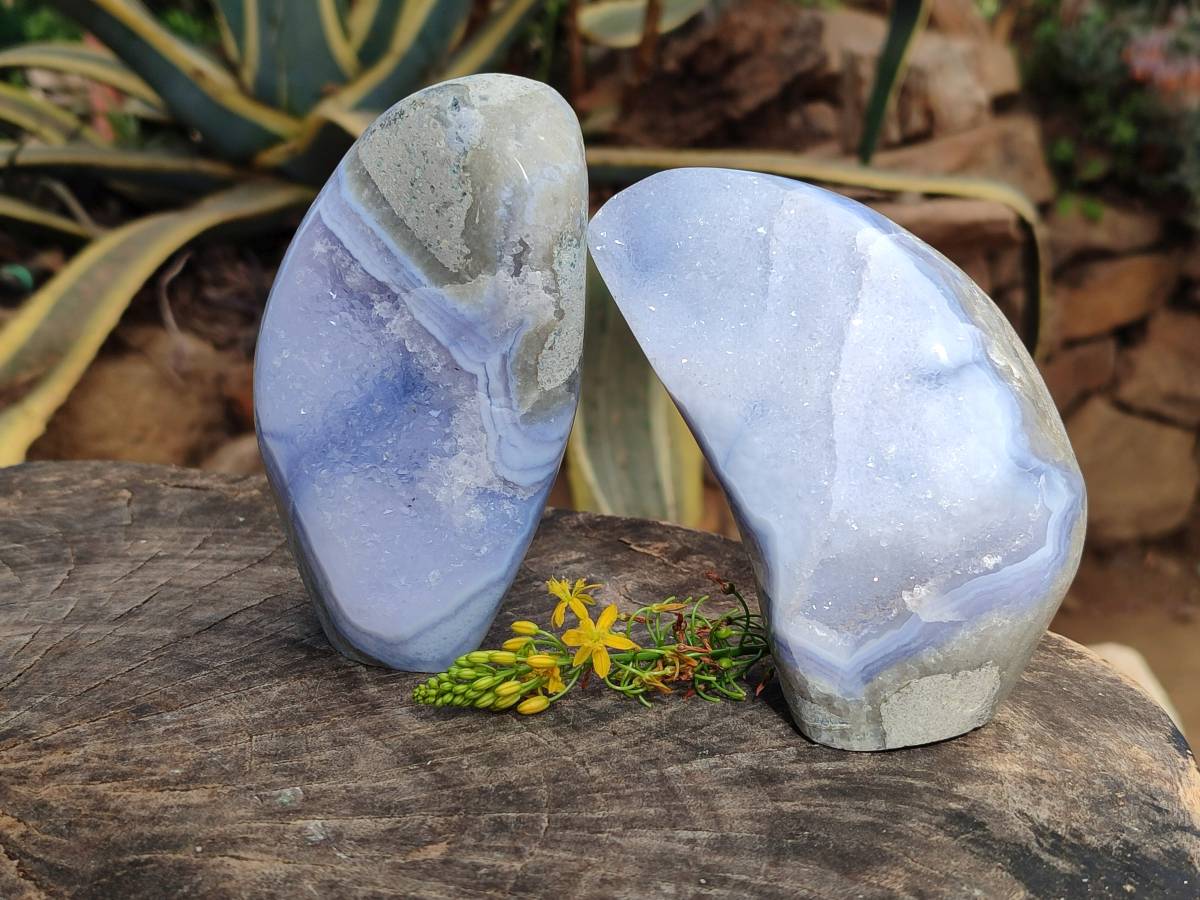 Polished Blue Lace Agate Standing Free Forms x 2 From Nsanje, Malawi - Toprock Gemstones and Minerals 