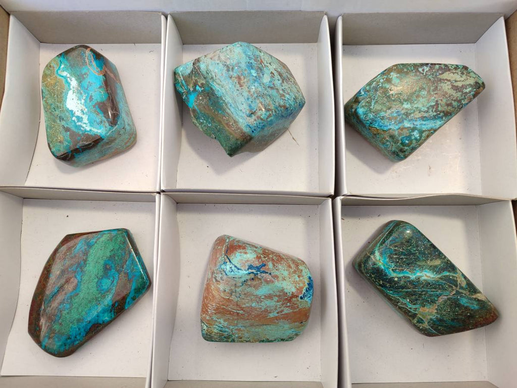 Polished Shattuckite, Chrysocolla Free Forms One With Dioptase x 6 From Koakoveld, Namibia - Toprock Gemstones and Minerals 