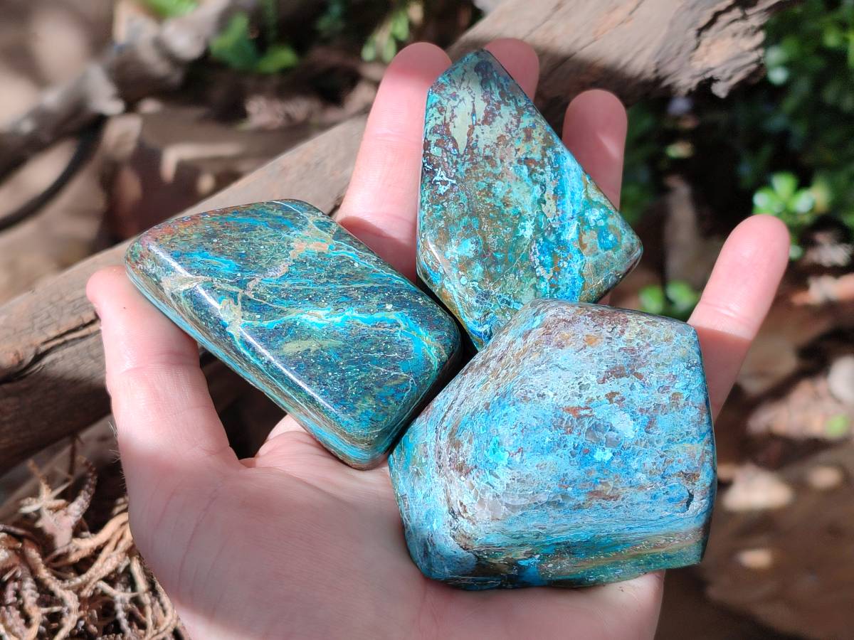 Polished Shattuckite, Chrysocolla Free Forms One With Dioptase x 6 From Koakoveld, Namibia - Toprock Gemstones and Minerals 