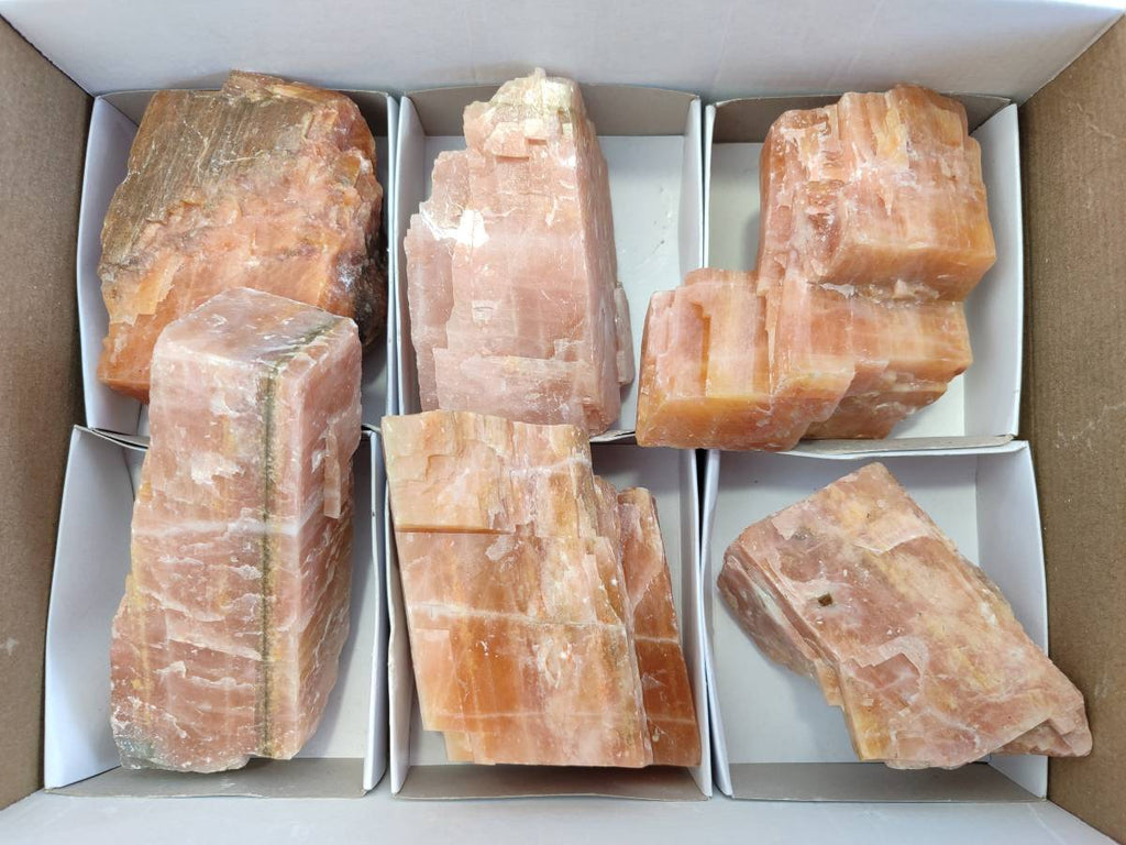 Natural Rhombohedral Sunset Orange Calcite Specimens x 6 From Spitzkop, Namibia - Toprock Gemstones and Minerals 