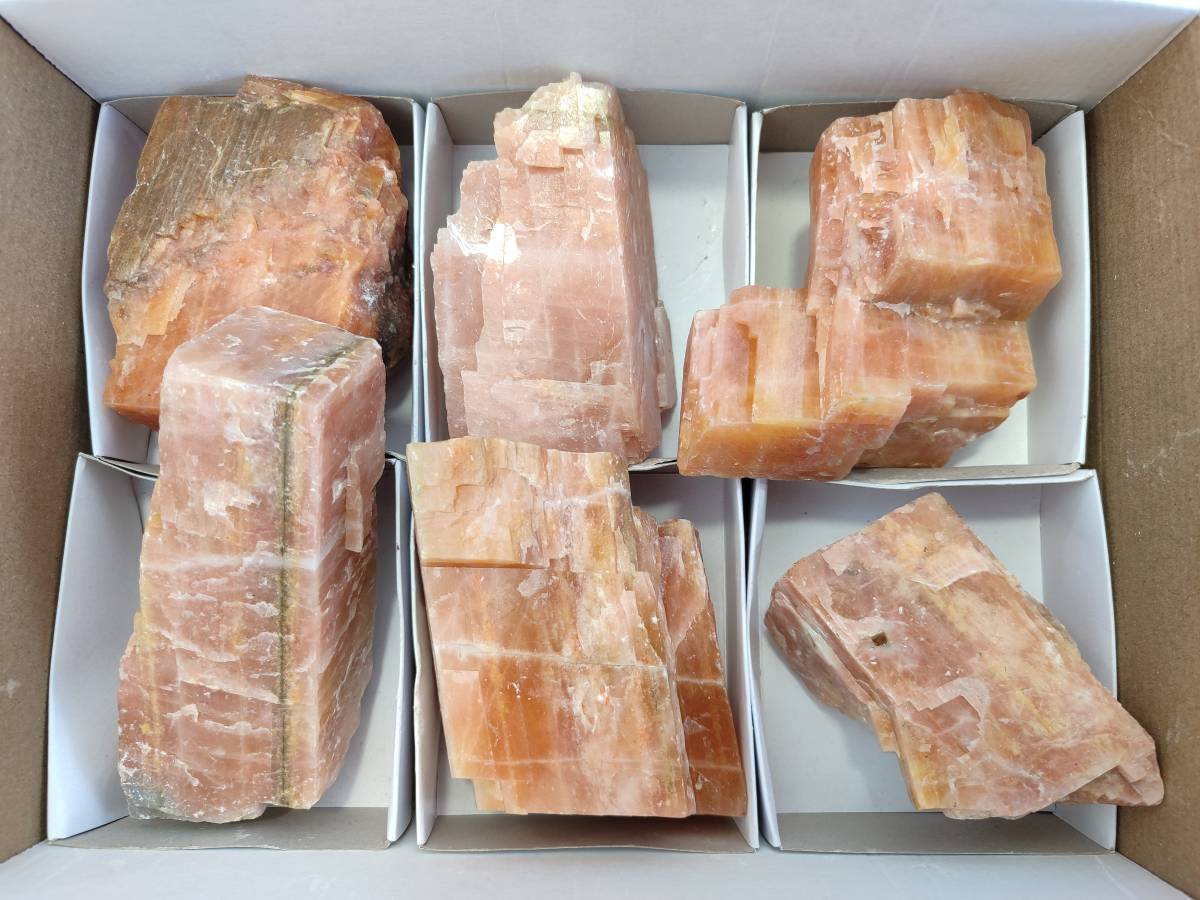 Natural Rhombohedral Sunset Orange Calcite Specimens x 6 From Spitzkop, Namibia - Toprock Gemstones and Minerals 
