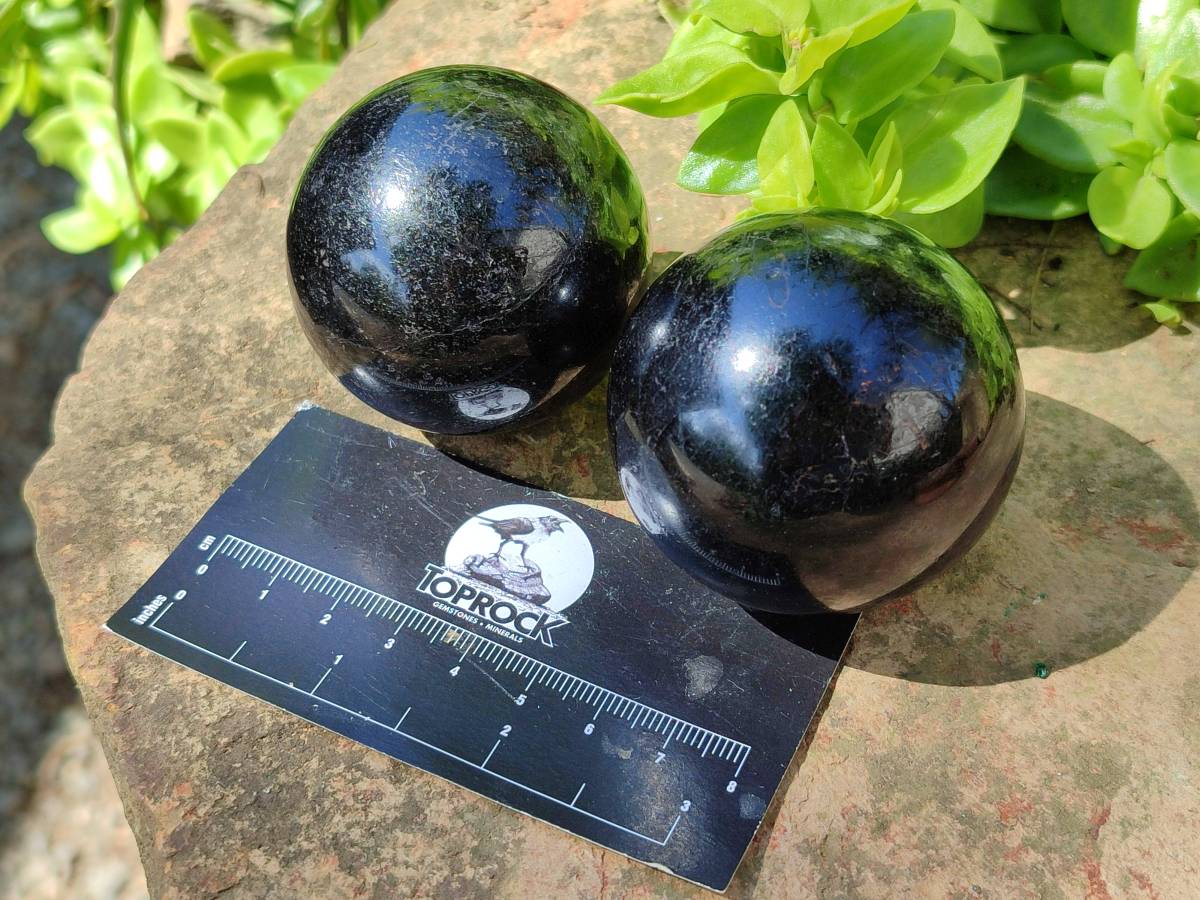 Polished Black Tourmaline Spheres x 6 From Madagascar - Toprock Gemstones and Minerals 