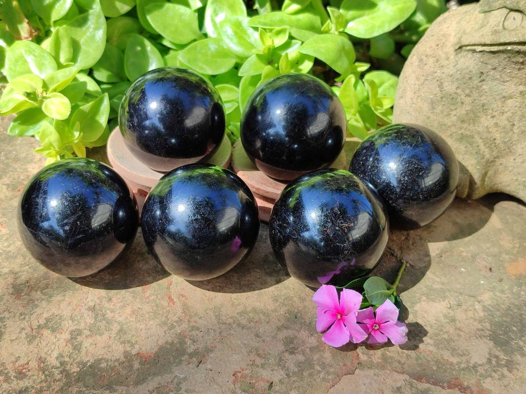 Polished Black Tourmaline Spheres x 6 From Madagascar - Toprock Gemstones and Minerals 