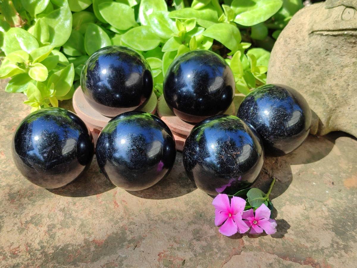 Polished Black Tourmaline Spheres x 6 From Madagascar - Toprock Gemstones and Minerals 