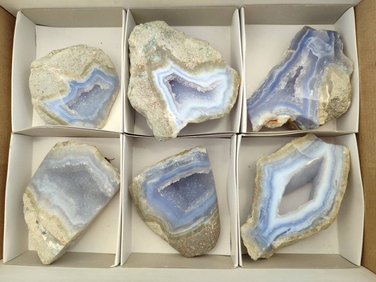 Polished Blue Lace Agate Geode Specimens x 6 From Nsanje, Malawi - Toprock Gemstones and Minerals 