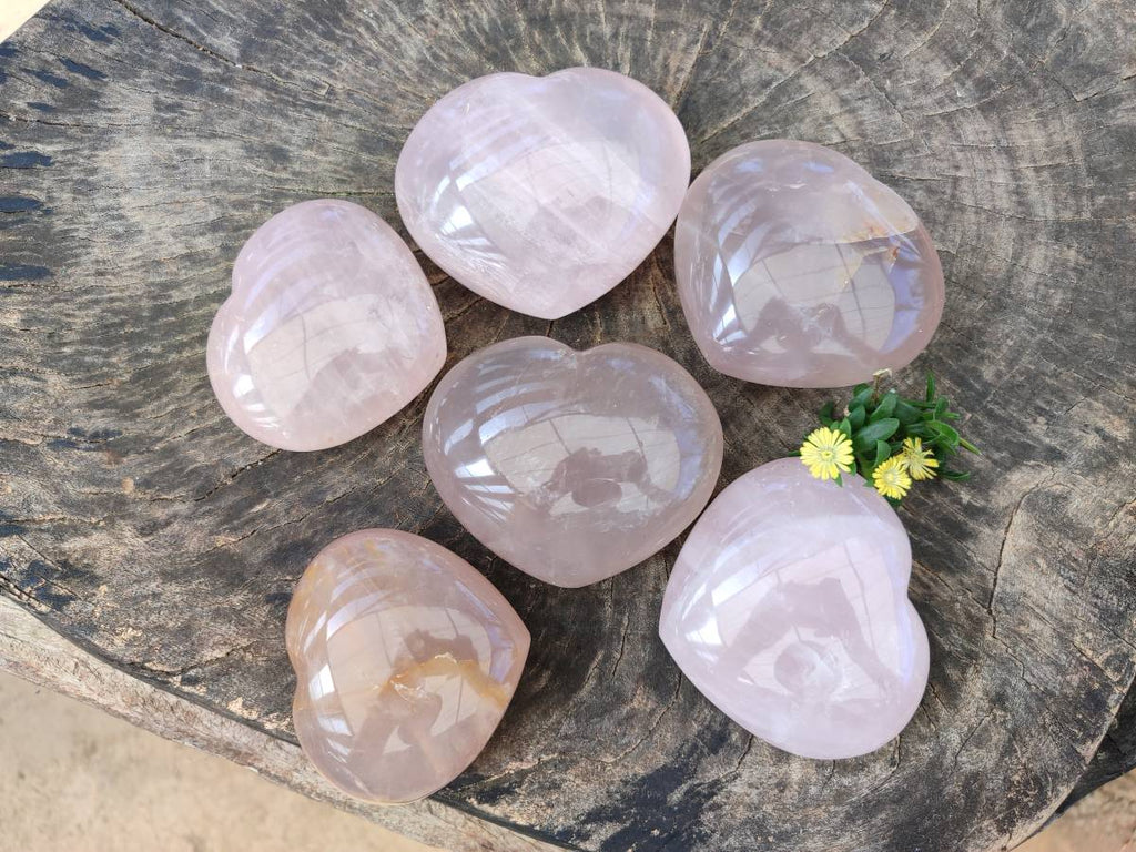 Polished Rose Quartz Hearts x 6 From Madagascar - Toprock Gemstones and Minerals 