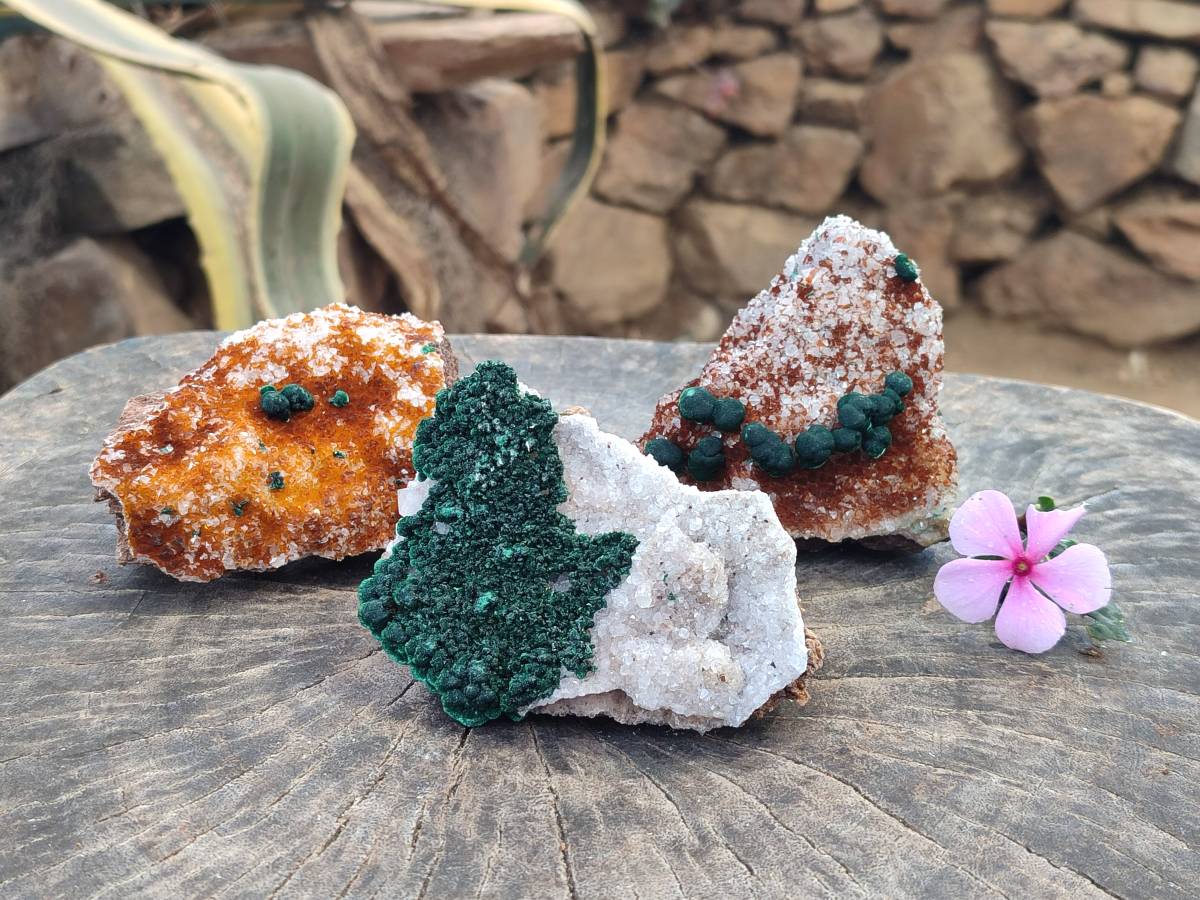 Natural Crystalline Ball Malachite and Drusy Quartz On Dolomite Matrix Specimens x 3 From Kambove, Congo - Toprock Gemstones and Minerals 
