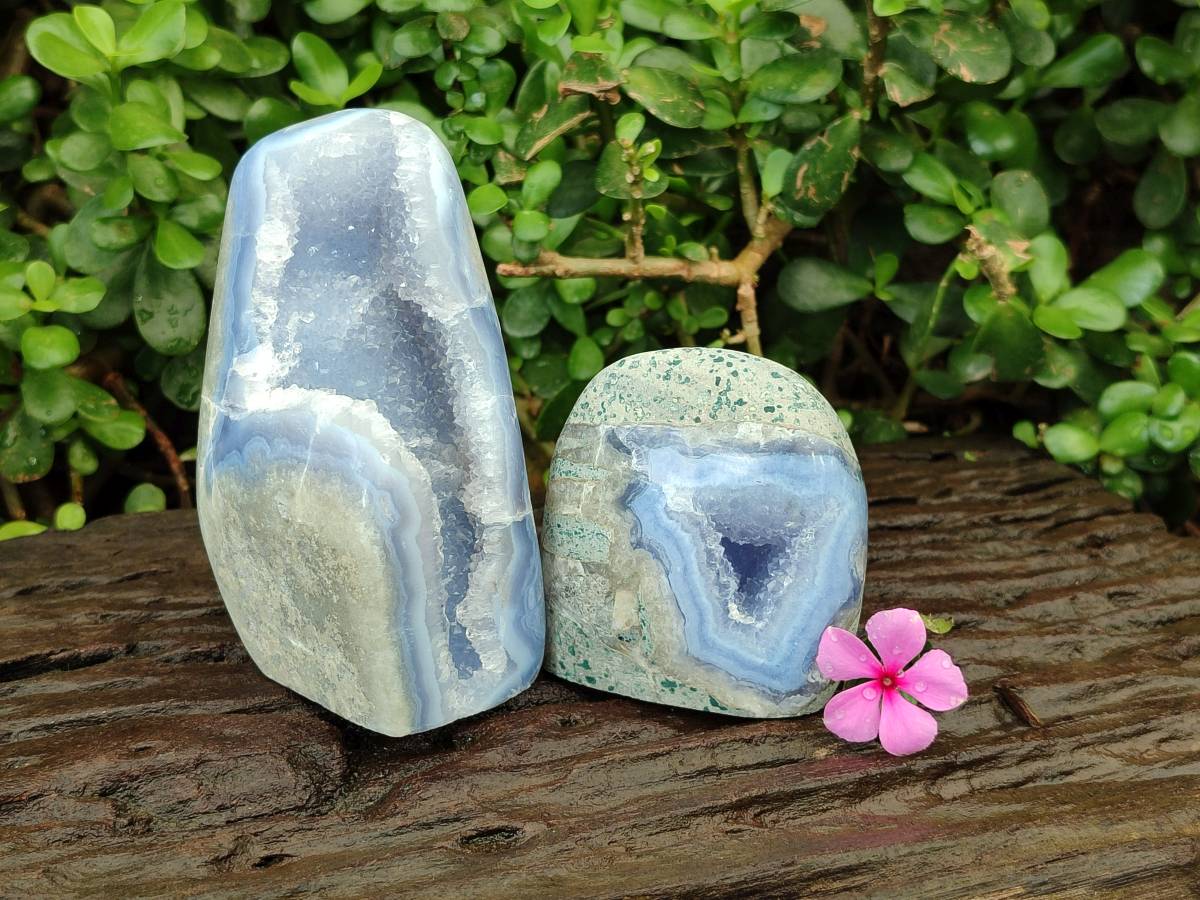 Polished Blue Lace Agate Standing Free Forms x 2 From Nsanje, Malawi - Toprock Gemstones and Minerals 
