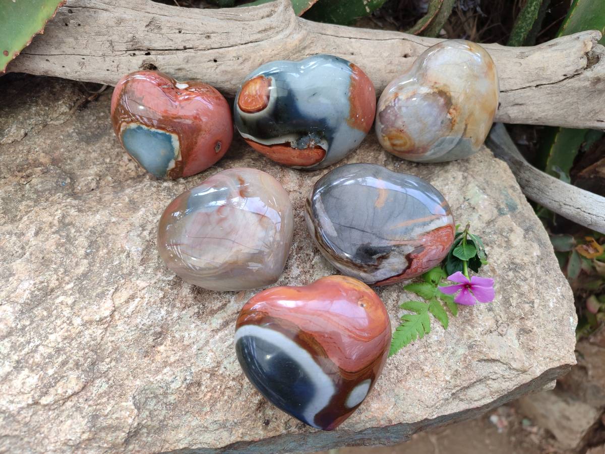 Polished Polychrome Jasper Hearts x 6 From NW Coast, Madagascar - Toprock Gemstones and Minerals 