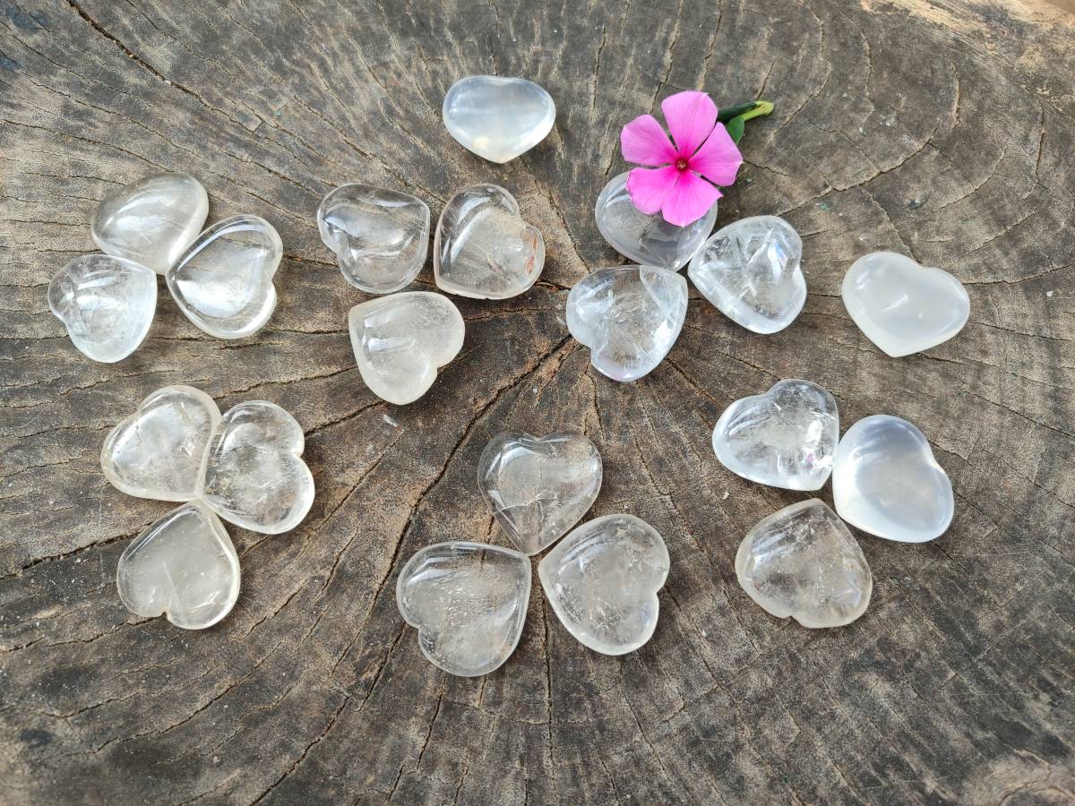 Polished Rock Crystal & Girasol Mini Hearts x 20 From Madagascar - Toprock Gemstones and Minerals 