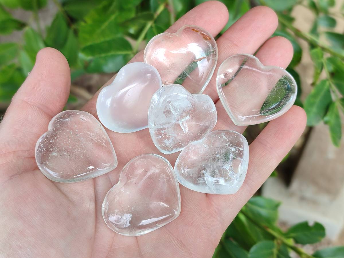 Polished Rock Crystal & Girasol Mini Hearts x 20 From Madagascar - Toprock Gemstones and Minerals 