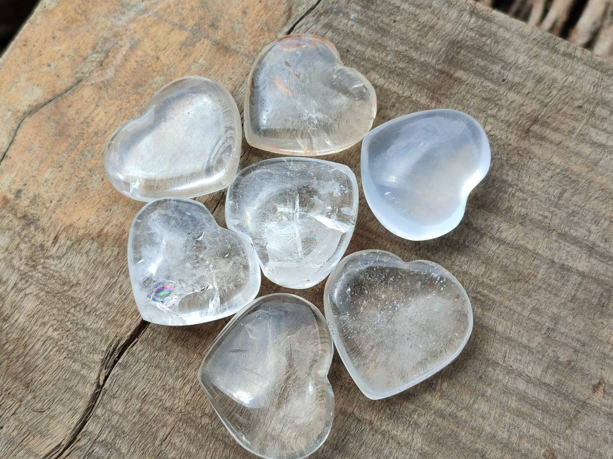 Polished Rock Crystal & Girasol Mini Hearts x 20 From Madagascar - Toprock Gemstones and Minerals 