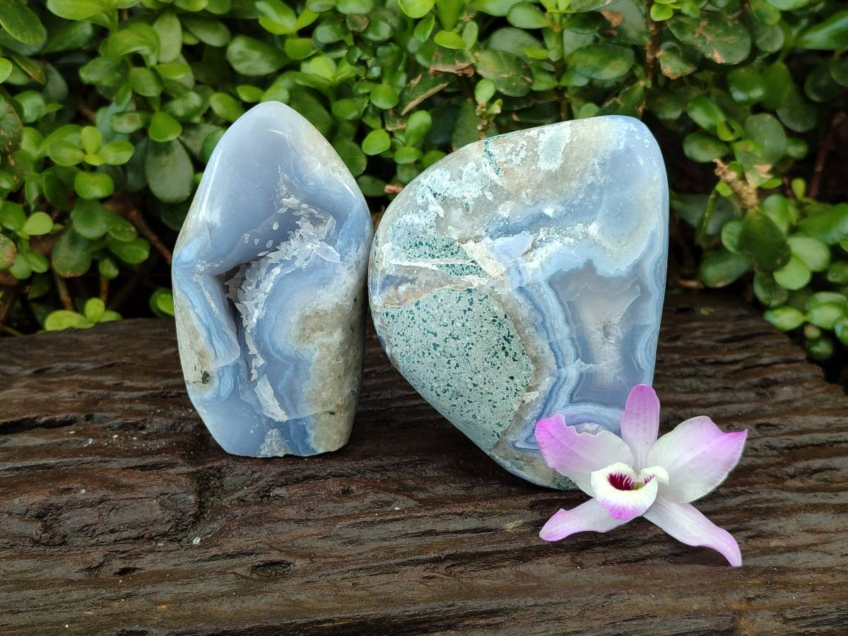 Polished Blue Lace Agate Standing Free Forms x 2 From Nsanje, Malawi - Toprock Gemstones and Minerals 