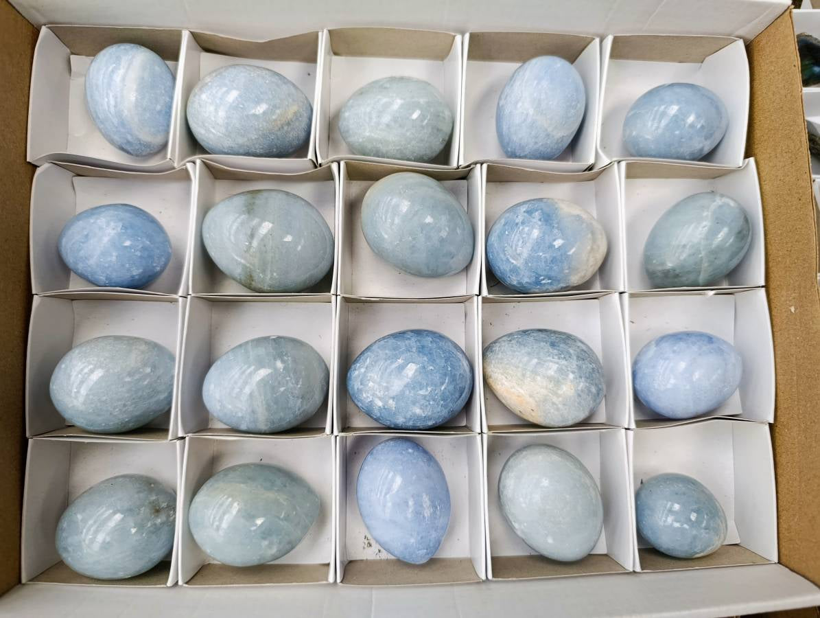 Polished Blue Calcite Eggs x 20 From Ihadilalana, Madagascar - Toprock Gemstones and Minerals 