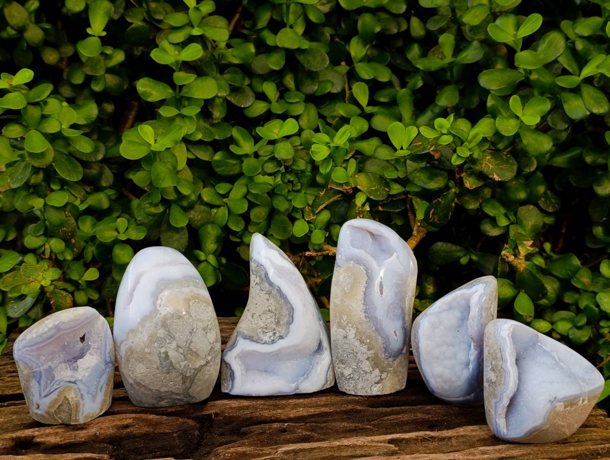 Polished Blue Lace Agate Standing Free Forms x 6 From Nsanje, Malawi - Toprock Gemstones and Minerals 