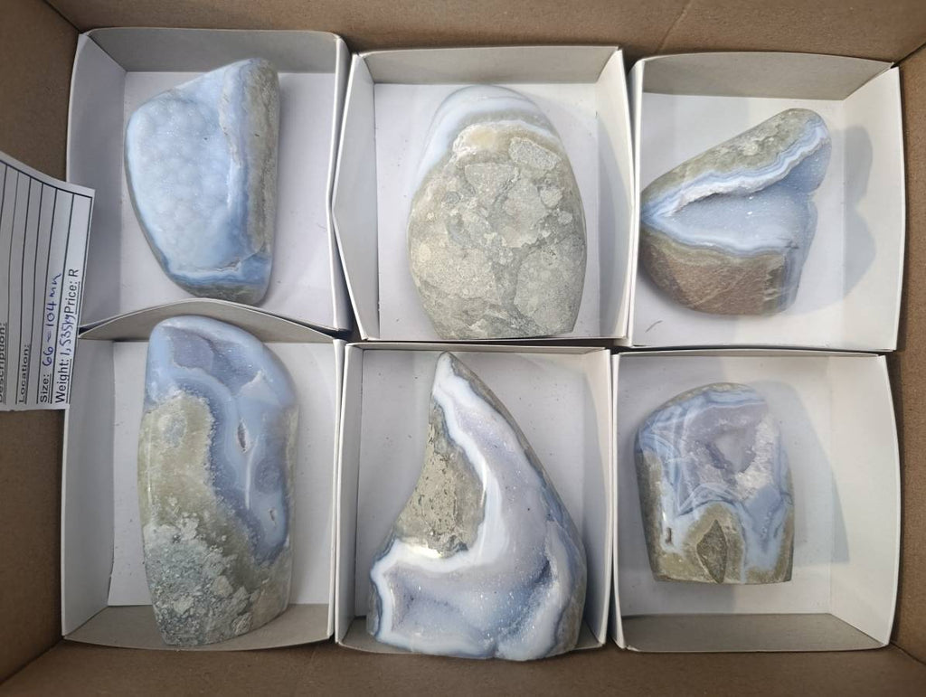 Polished Blue Lace Agate Standing Free Forms x 6 From Nsanje, Malawi - Toprock Gemstones and Minerals 