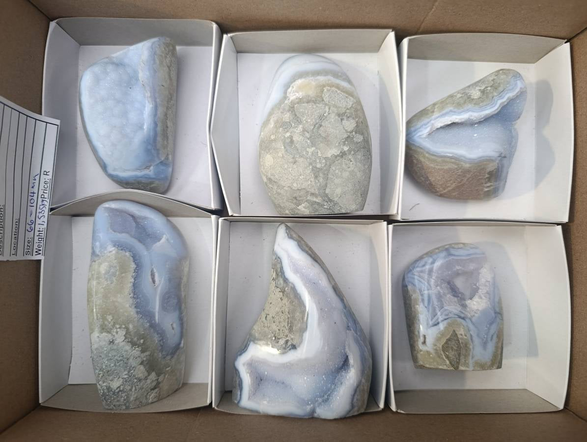 Polished Blue Lace Agate Standing Free Forms x 6 From Nsanje, Malawi - Toprock Gemstones and Minerals 