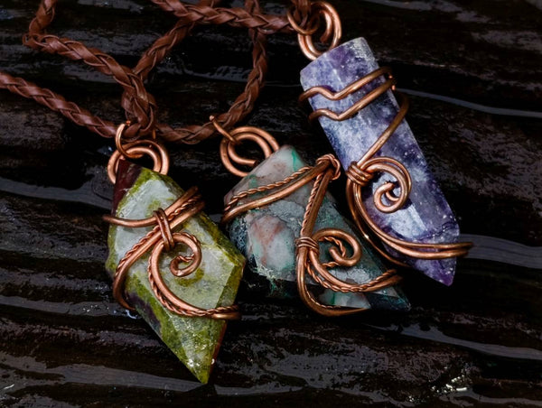 Hand Made Mixed Stone Copper Wire Wrapped Pendants x 6 From Southern Africa